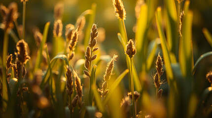 A sun-drenched field of wheat at sunset, showcasing detailed, backlit golden wheat stalks swaying gently in the warm light. The focus is on the intricate textures and soft glow of the grains.