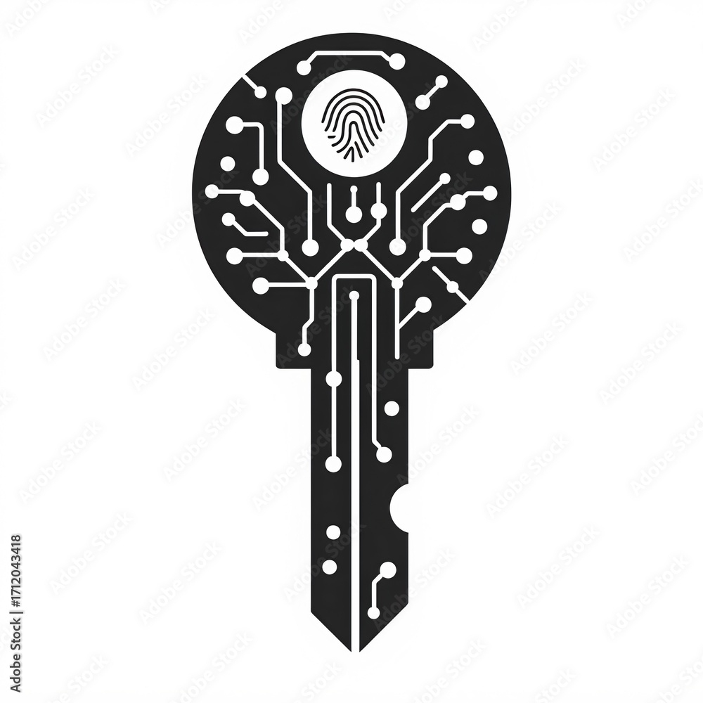 Poster a digital api key design featuring circuitry and a fingerprint symbol, representing advanced securit