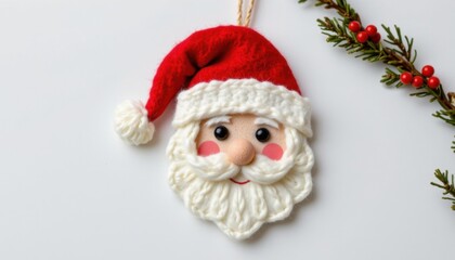a unique matte crimson red santa face ornament made of felt, shown on crisp white void, ultra sharp.