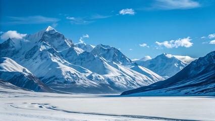 Obraz premium Majestic snow covered mountain range under a bright blue sky with scattered clouds