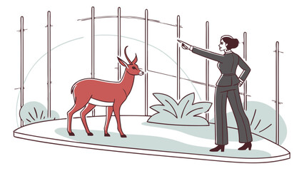 Woman pointing at an antelope in an enclosure illustrated vector graphic.