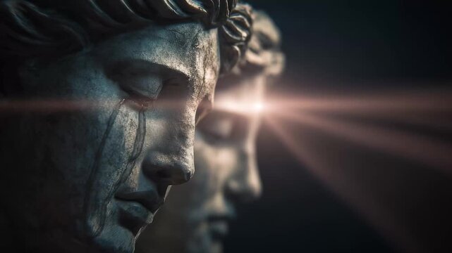 Statue of a man with tears in his eyes. Female angel tears a sculpture. A stone beams light of sadness and sorrow. Sculpture of a man with tears in his gaze lifestyle.
