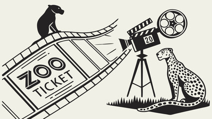 Zoo Ticket Movie Clapperboard Wild Cats Film Reel Vector Illustration Black and White Design.