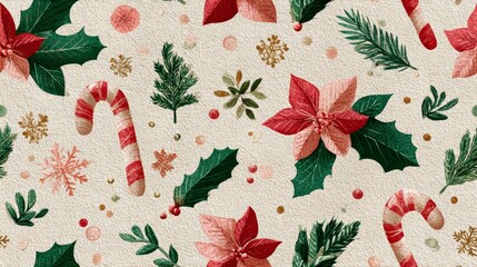 Seamless Christmas pattern with cozy festive style featuring candy canes, holly leaves, snowflakes, warm red and green palette, watercolor texture, minimal background, repeating holiday tile design.