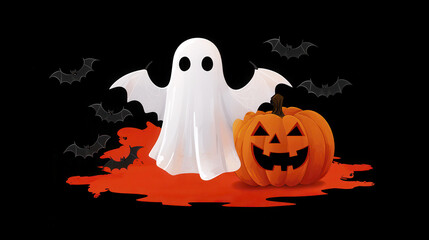 Ghostly figure stands beside carved pumpkin, surrounded by bats and splash of red, creating spooky Halloween atmosphere