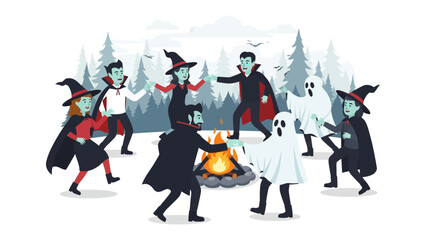 Spooky Gathering: A group of friends and characters celebrate Halloween around a campfire, a scene that is a playful, stylized illustration evoking joy.