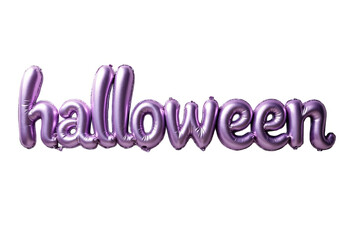 Purple metallic balloon letters spelling "Halloween" isolated on white background, festive decoration for party, holiday celebration, spooky season, autumn event, and seasonal greeting design element.