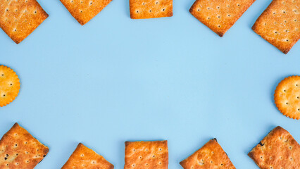 Flat lay view of biscuit on light blue background
