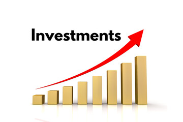 A rising graph with red arrow and gold bars and the word Investments