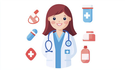 Friendly healthcare professional with medical supplies, smiling and approachable, surrounded by various medications and health