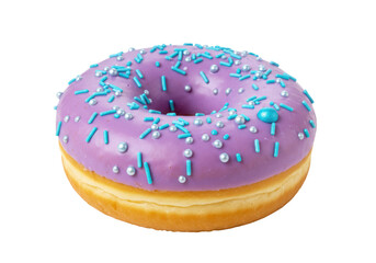 Isolated donut with purple icing and blue sprinkles is ready to eat in the bakery shop