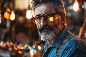 Elderly artisan man with glasses and beard smiling in workshop generative AI