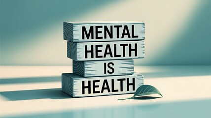 Inspirational wooden block typography design with mental health is health message and natural leaf for awareness