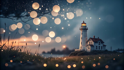 Magical lighthouse on a misty evening with glowing bokeh lights and starry sky