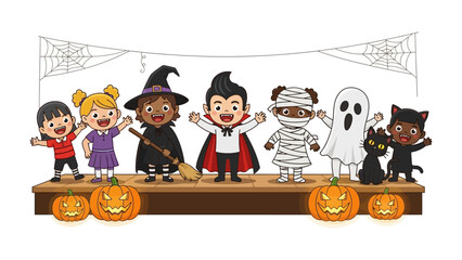 Halloween Extravaganza: A charming collection of children in vibrant costumes, and a black cat, each embodying the spirit of Halloween, with pumpkins set the stage.