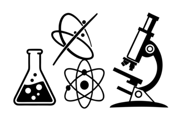 Science icons: beaker, atom, microscope.Silhouetted