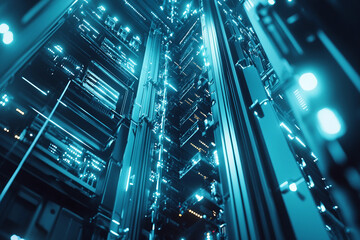 Powerful crypto mining farm with hundreds of graphics cards and neon lights for cryptocurrency blockchain data center generative ai