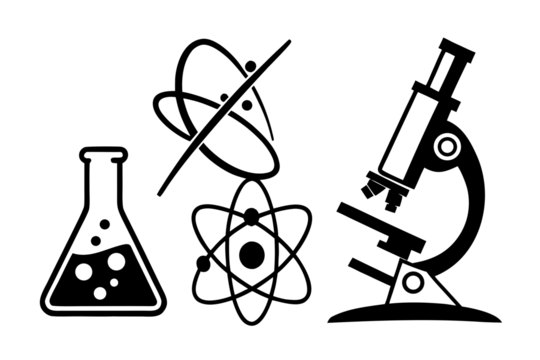 Science icons: beaker, atom, microscope.Silhouetted