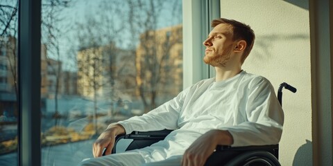 Man in wheelchair sitting in front of window, looking contemplative and emotional. Scene set in modern urban environment.