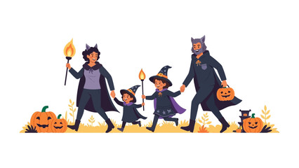 Halloween Family Outing: A family dressed in costumes sets out to trick or treat, carrying torches, their faces alight with delight as they embark on their Halloween adventure.