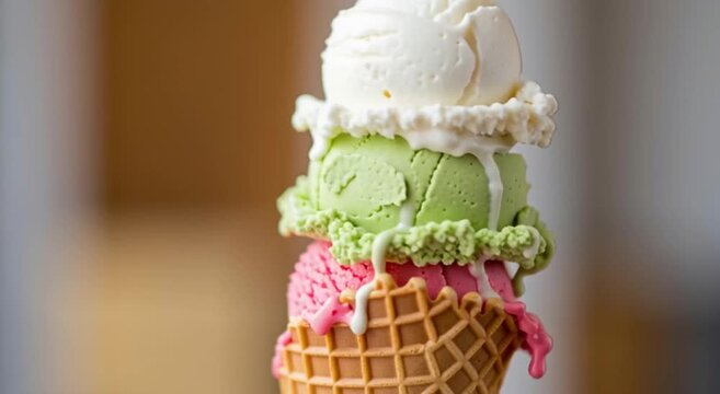 A waffle cone filled with three scoops of ice cream in pink green and white delicious treat