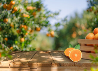 Fresh oranges in wooden basket with sliced fruit on table