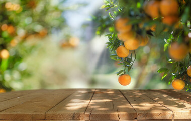 Wooden table with fresh orange fruits hanging from tree