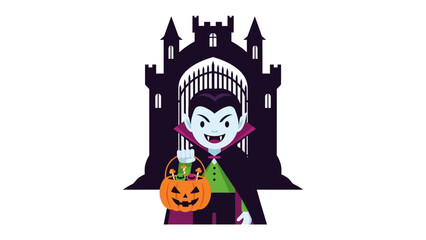 Vampire on Halloween: A friendly young vampire with a jack-o'-lantern bucket stands before a dark castle gate on Halloween night. 

