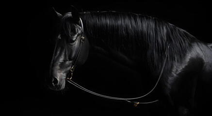Cheval noir sous un éclairage studio