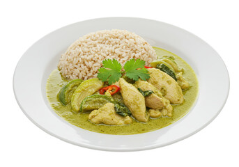 Isolated Thai green curry with chicken and brown rice for healthy meal preparation and diet plan