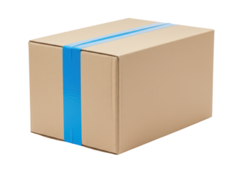 Isolated cardboard box with blue tape for packaging, shipping, moving, and delivery services