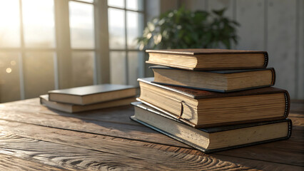 Stack of old vintage books on a wooden table bathed in warm sunlight from a window