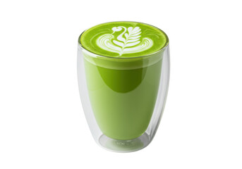 Isolated glass of matcha green tea latte with foamy latte art design in a clear glass cup