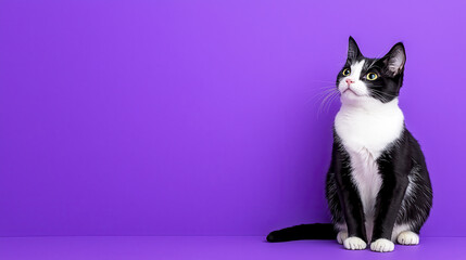Majestic tuxedo cat sitting gracefully against vibrant purple background, showcasing its striking features and curious