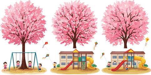 Children playing under cherry blossom trees, spring playground scene, colorful outdoor activity, schoolyard fun, cheerful kids, kite flying, seasonal nature joy