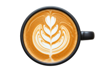 Isolated Cup of Coffee with Latte Art Design on a Table Top Looking Down View
