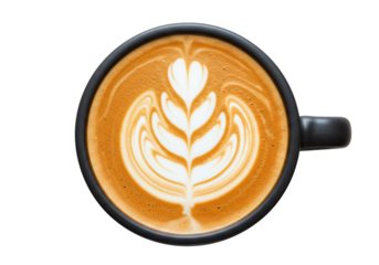 Isolated Cup of Coffee with Latte Art Design on a Table Top Looking Down View