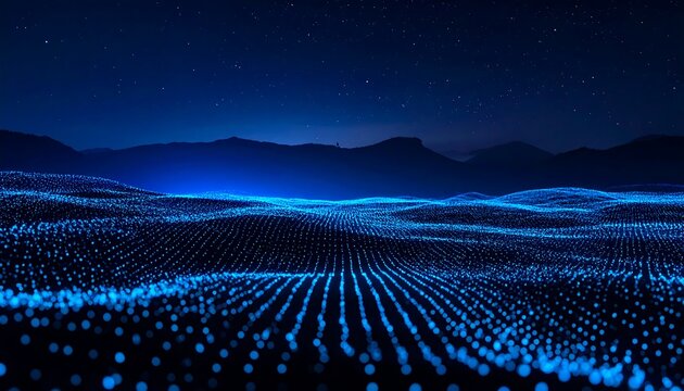 An ethereal, digital landscape of glowing blue particles simulating a vast expanse under a starry, dark night sky and distant mountain range
