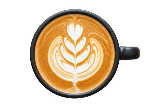 Isolated Cup of Coffee with Latte Art Design on a Table Top Looking Down View