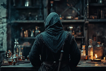 Closeup of intense male alchemist surrounded by potion bottles in dim candlelight laboratory scene, fantasy, generative ai
