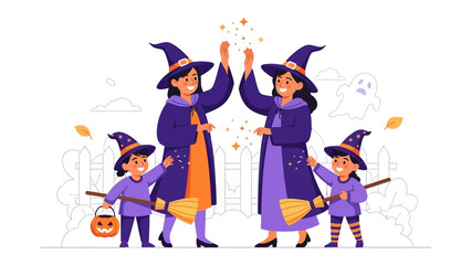 Enchanting Halloween Scene: Two witches and their young children, adorned in classic costumes and festive accessories, embody the enchanting spirit of Halloween. Featuring iconic witch costumes.
