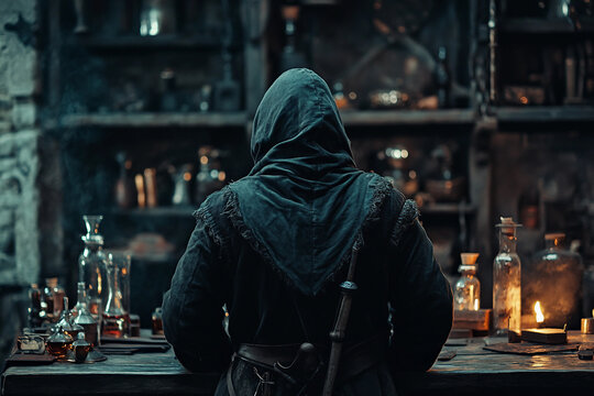 Closeup of intense male alchemist surrounded by potion bottles in dim candlelight laboratory scene, fantasy, generative ai