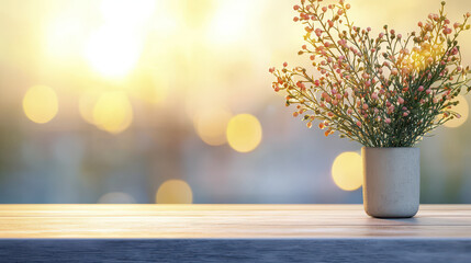 Beautiful vase with delicate flowers sits on wooden table, illuminated by warm sunlight, creating serene atmosphere