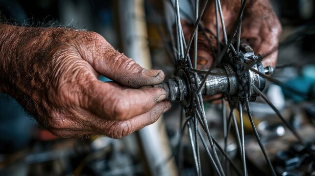 Close-up of skilled hands, an elderly man, repairing bicycle wheel hub in a workshop, showcasing craftsmanship and dedication to bicycle maintenance and repair process