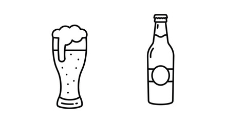Simple black and white line art depicting a beer glass and bottle