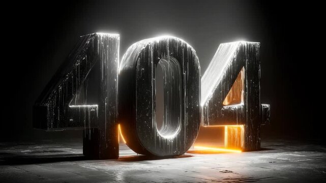 Large glowing metallic 404 numbers with dripping texture, realistic lighting, on dark background, concept of website error or missing page