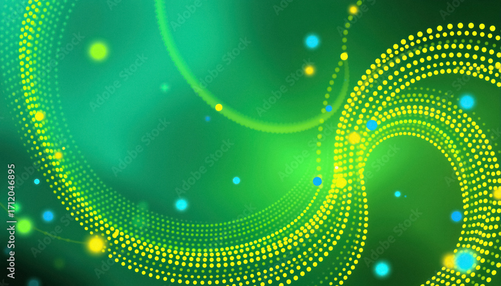 Poster dynamic glowing particle streams swirl in vibrant green digital abstract background