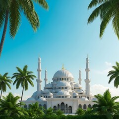 A majestic white mosque with multiple domes and minarets, surrounded by lush green palm trees under a clear blue sky.