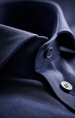Close-up of Dark Blue Formal Dress Shirt with Button Detailing and Textured Fabric
