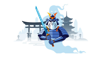 Mystical Samurai: In a beautifully rendered illustration, a samurai stands poised, holding a glowing katana, backed by a mystical spirit and Japanese architecture, embodying honor and valor. © Ajhar234